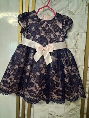 Bonnie Baby Navy Lace Dress with Pale Pink Bow